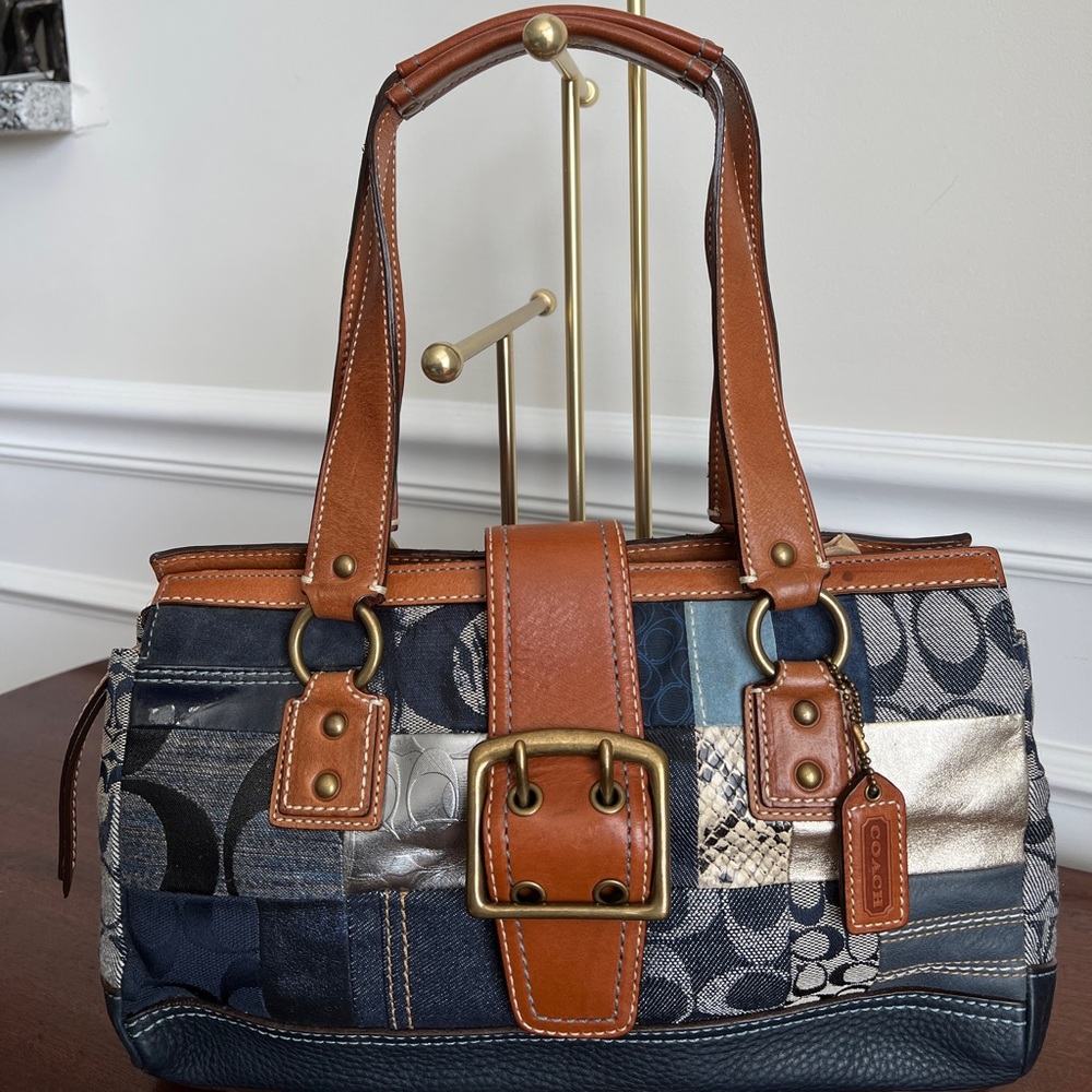Coach Signature Legacy Patchwork Blue Denim & Leather Shoulder Bag  B06S-10004